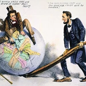 PRESIDENTIAL CAMPAIGN, 1864. American cartoon from, or just after, the presidential campaign of 1864 showing the Rail Splitter Abraham Lincoln and his running mate, Andrew Johnson, the Tennessee tailor, and pointing out the task of reconstruction which lay ahead