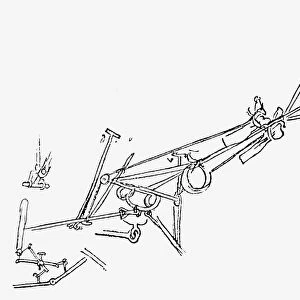 Prone ornithopter, with both legs moving together, and wings hand operated on the up stroke. Drawing, c1487, by Leonardo da Vinci