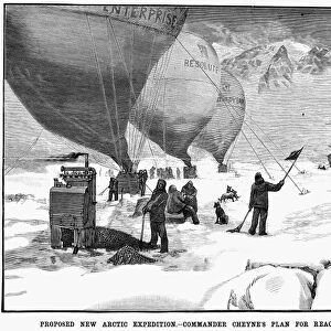 Proposed plan for reaching the North Pole by balloon. Wood engraving, American, late 19th century