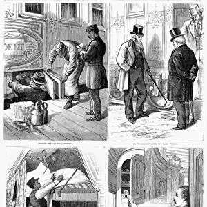 PULLMAN CAR, 1877. Four scenes from a Transcontinental Railroad trip in a Pullman Hotel Car. Wood engravings from an American nespaper of 1877