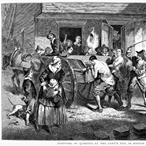 PURITANS AND QUAKERS, 1677. Quakers being whipped in Puritan Boston, Massachusetts, in the 1670s. Wood engraving, 19th century