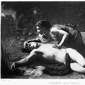 PYRAMUS AND THISBE. Engraving, French, 19th century, after the painting by Francois Alfred Delobbe, 1875