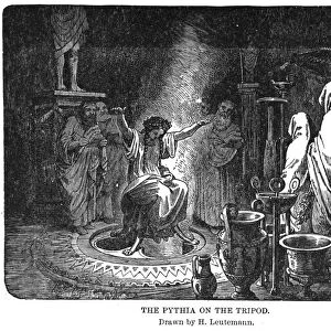PYTHIA SPEAKING AT DELPHI. The Pythia speaking the words of the oracle of Apollo at Delphi: wood engraving, American, late 19th century