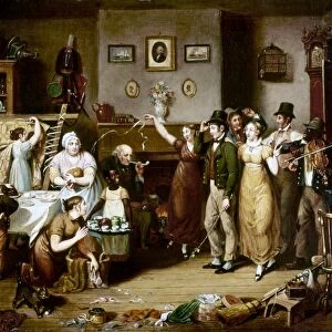 Quilting Party scene in an American home. Oil painting by John Lewis Krimmel, 1813