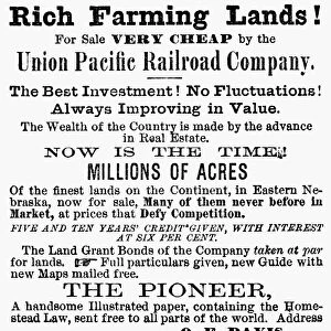 RAILROAD: LAND SALE, 1874. Advertisement for farming lands in Nebraska sold by