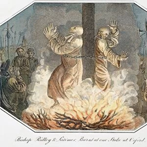 RIDLEY & LATIMER, 1555. The burning of Bischops Nicholas Ridley and Hugh Latimer at the stake near the gates of Balliol College, Oxford, 16 October 1555: engraving, 1812