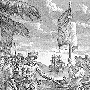 ROANOKE FOUNDING, 1587. The founding of the English colony at Roanoke Island in 1587. Contrary to the engraved legend, Sir Walter Raleigh, though the promoter of the expedition, remained home in England. English engraving, 18th century