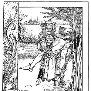 ROBIN HOOD. Friar Tuck carries Robin Hood across a river