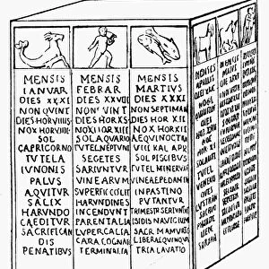 ROMAN FARMERs CALENDAR. Cubical stone found at Pompeii, Italy. Line engraving