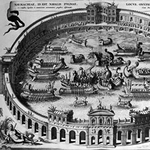 ROME: NAUMACHIA. A naumachia, or staged naval battle, at an arena in ancient Rome. Line engraving, 16th century