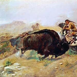 RUSSELL: BUFFALO HUNT. Meat for the Tribe. Oil on canvas, c1891, by Charles M. Russell