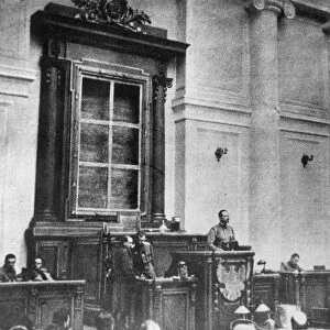 RUSSIA: REVOLUTION OF 1917. The first session of the Duma of the Provisional Government, March 1917. The empty frame behind the speakers platform formerly held the Czars portrait