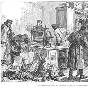 RUSSIA: ST. PETERSBURG. St. Petersburg Police discovering a nihilist printing-press. Wood engraving from an English newspaper, 1887