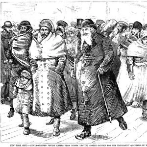 RUSSIAN IMMIGRANTS, 1880s. Jewish immigrants from Russia, recently arrived at New York City, leaving Castle Garden immigration station for Wards Island. Wood engraving, American, 1882