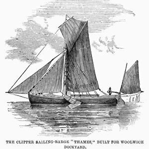 SAILING BARGE, 1859. The clipper sailing-barge Thames, built for use on the Thames River, England. Wood engraving from an English newspaper of 1859