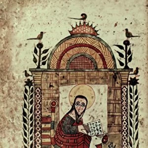 SAINT JOHN. Writing his gospel. Dabra Maryam manuscript. Ethiopia. c1360-80