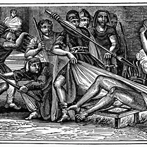 SAINT LAWRENCE (c225-258). Saint Lawrence broiled on a bed of iron at Rome, 258 A. D. Wood engraving from an 1832 American edition of John Foxes Book of Martyrs