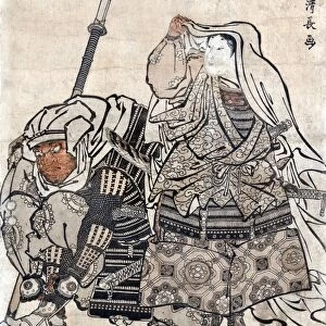 Saito Musashibo Benkei (1155-1189), a Japanese warrior monk, holding a naginata, a long pole with a sword-like blade. He confronts a young Minamoto no Yoshitsune (1159-1189), a general of the Minamoto clan, who holds a cloth over his head, leading Benkei to mistake him for a woman. Japanese woodcut by Kiyonaga Torii, 1780s
