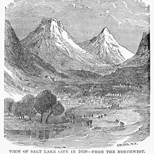 SALT LAKE CITY, 1850. The Mormon settlement at Salt Lake City in the Utah Territory as it appeared in 1850. Wood engraving, American, 1870