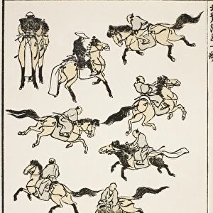 Samurai practicing horsemanship. The tail-covers on the horses were common on ceremonial occasions. Woodblock print, 1817, from the Manga of Katsushika Hokusai
