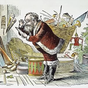SANTA CLAUS. Santa Claus checking his list. Wood engraving