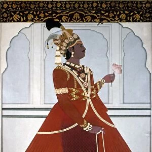 SAWAI PRATAP SINGH (1764-1803). Maharaja of Jaipur, India, 1778-1803. Also a poet, musician and patron of the arts. Portrayed draped in pearls, holding prayer beads in his right hand and a flower in his left