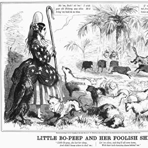 SECESSION CARTOON, 1861. Little Bo-Peep and Her Foolish Sheep. While a fearful President James Buchanan ( Old Buck ) runs away, Columbia watches helplessly as secessionist South Carolina leads other states astray into a palmetto grove where predatory crowned heads of Europe await them. Northern American cartoon, 1861