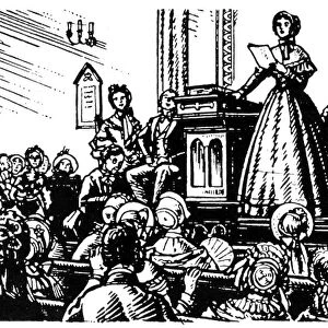 SENECA FALLS MEETING, 1848. Elizabeth Cady Stanton addressing the first Womens Rights meeting at Seneca Falls, New York, on 20 June 1848. Illustration, early 20th century