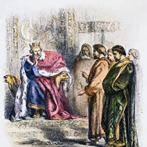 SHAKESPEARE: KING JOHN. King John, Pembroke and Salisbury at the palace in Act IV, Scene II of William Shakespeares King John. Wood engraving, 1881, after Sir John Gilbert