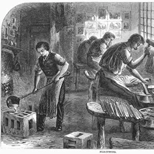 SHEFFIELD: FACTORY, 1866. File cutting at a steel factory in Sheffield, England. Wood engraving, English, 1866