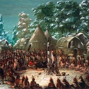 SIEUR DE LA SALLE (1643-1687). French explorer. La Salles party feasting in Illinois Village, 1680: oil on canvas, 1847, by George Catlin