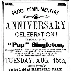 SINGLETON HANDBILL, 1882. Handbill announcing a celebration honoring Benjamin Pap