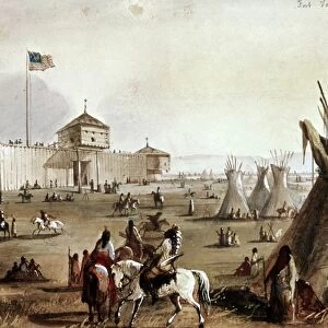 SIOUX AT FORT LARAMIE, 1837. Exterior view of the trading post at Fort William