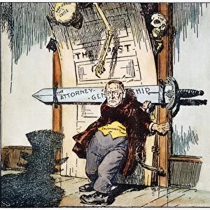 SKELETONS OF MALFEASANCE. American cartoon, c1924, showing U. S. Attorney General Harry Daugherty trying desperately to conceal the skeletons of malfeasance from the American people