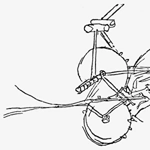Sketch of a semi-prone ornithopter, showing gear train, and cog-pedal transmission. Drawing, c1485, by Leonardo da Vinci