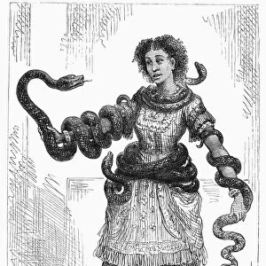 SNAKE CHARMER, 1878. Lualla, the Abyssinian snake charmer, at the Royal Aquarium, London. Wood engraving, 1878