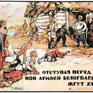 SOVIET POSTER, 1919. Retreating before the Red Army. Russian Soviet lithograph poster, 1919, by A. Apsit