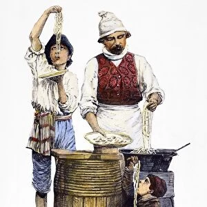 SPAGHETTI VENDOR. An Italian spaghetti vendor with young customers. Wood engraving, 19th century