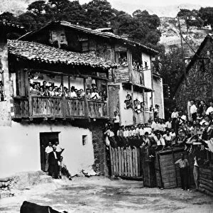 SPAIN: BULLFIGHT. Bull fight in the town square of the village of Mijares, Spain. Photograph, mid 20th century