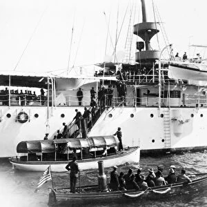 SPANISH AMERICAN WAR, 1899. Admiral George Dewey receives visitors aboard the battleship