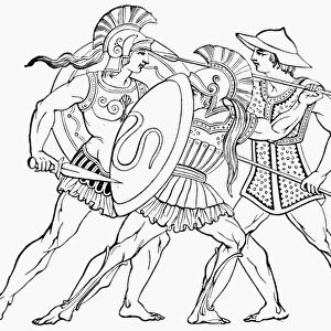 SPARTAN WARRIORS. Military uniforms of the Spartans. Line engraving