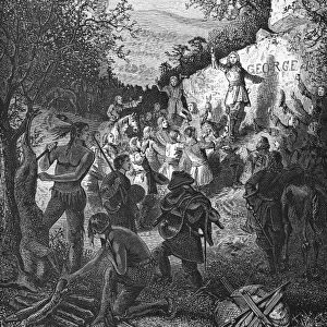 SPOTSWOODs EXPEDITION. Virginia Governor Alexander Spotswood and his Knights of the Golden Horseshoe during their expedition through the Blue Ridge Mountains in 1716. Line engraving, late 19th century