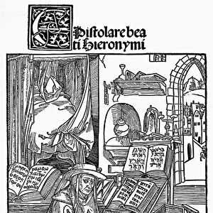 ST. JEROME IN HIS STUDY. Woodcut, 1492, by Albrecht Durer