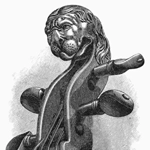 STAINER VIOLIN. Neck and scroll of a violin made by Jacobus Stainer (or Steiner; c1617-1683). Wood engraving, American, 1881