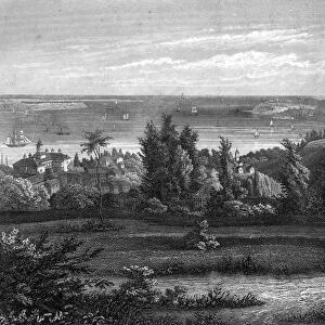 STATEN ISLAND, c1840s. The Narrows seen from a hill on Staten Island. Steel engraving
