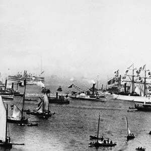 STATUE OF LIBERTY, 1885. The arrival of the ship L Isre (white) carrying the Statue of Liberty from France to Bedloe Island in New York Harbor, 19 June 1885. Photograph taken from the top of the unfinished pedestal