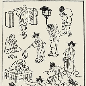 Street scene (top) / Public bath (bottom). Sketch from Katsushika Hokusais Manga, c1836