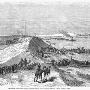 SUEZ CANAL: CARAVAN, 1869. A caravan from Syria waits to cross the Suez Canal at Kantara