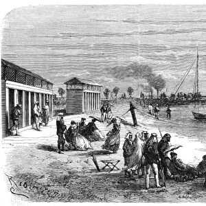 SUEZ CANAL CONSTRUCTION. Sea bathing at Ismailia, Egypt, during the construction of the Suez Canal, 1869. Contemporary French wood engraving after a drawing by ├ëdouard Riou