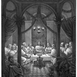 THE LAST SUPPER. Jesus and his disciples at the Last Supper. Line engraving, c1886